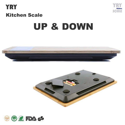 Taylor bamboo digital kitchen scale with 11 lb / 5 kg capacity, backlit LCD display, and tare function. Weighs dry and liquid ingredients in oz, g, fl oz, and ml. Eco-friendly bamboo platform.