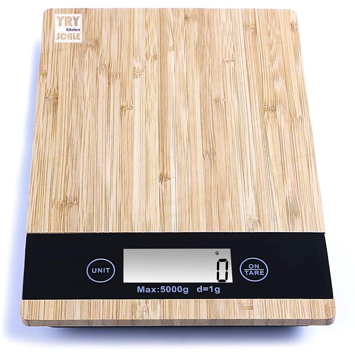 Taylor bamboo digital kitchen scale with 11 lb / 5 kg capacity, backlit LCD display, and tare function. Weighs dry and liquid ingredients in oz, g, fl oz, and ml. Eco-friendly bamboo platform.