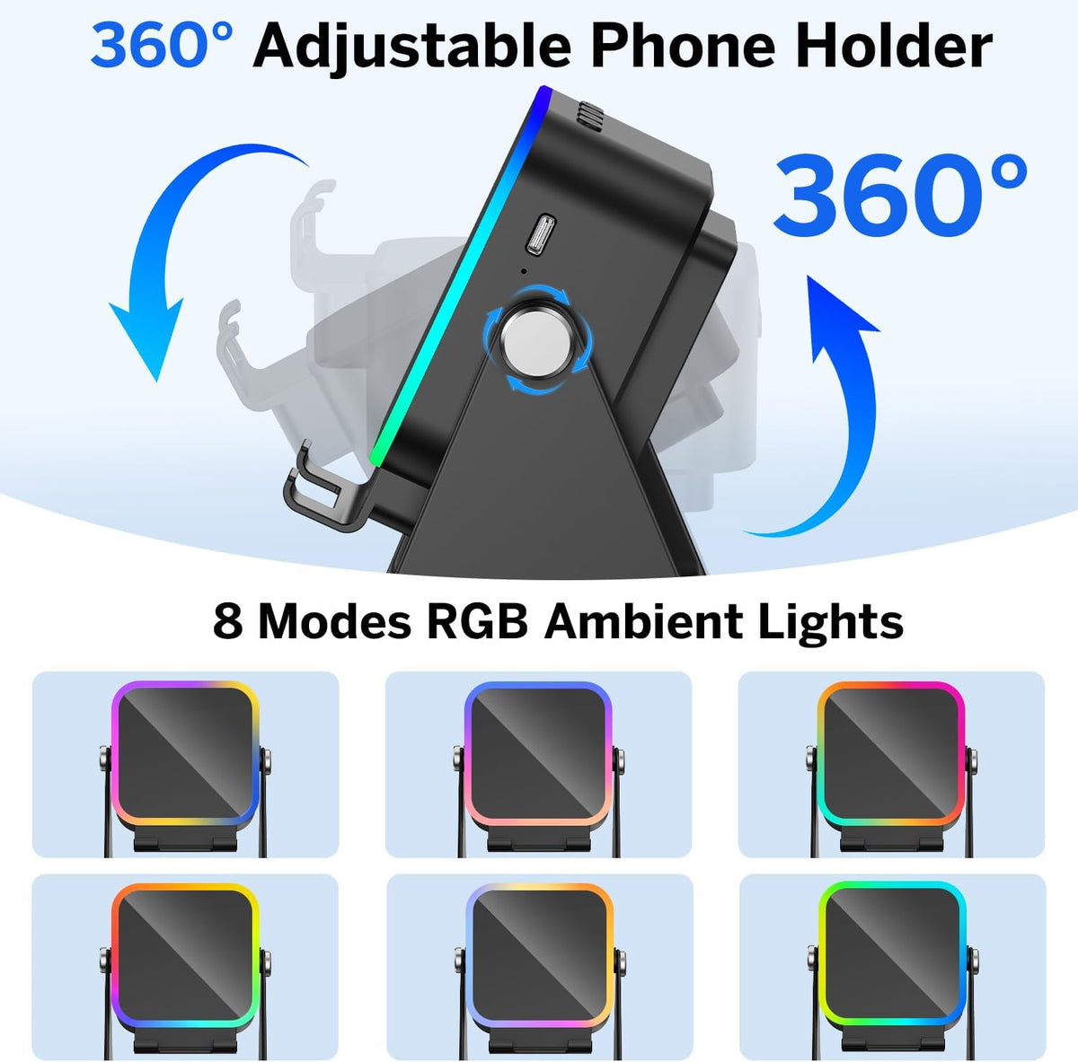 SoundDock™ 5-in-1 Wireless Bluetooth Speaker Stand – Adjustable Phone Holder with Stereo Sound, RGB Ambient Lighting & Rechargeable Battery for iPhone, Android & Tablets (Black)