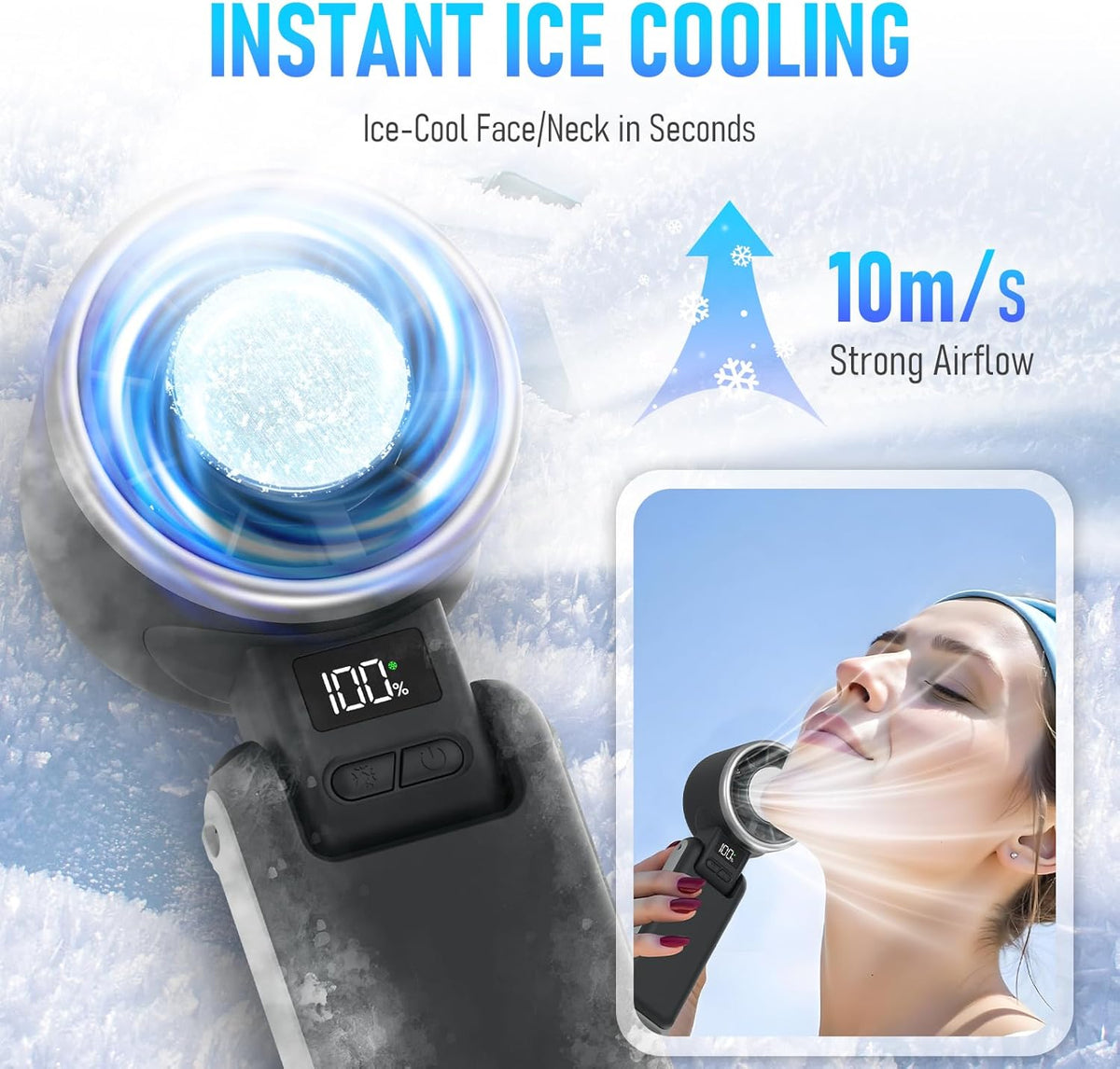 FrostJet™ Turbo Cooling Fan – Portable Ice-Cooling Handheld Fan with 5 Speeds, 25550RPM High-Speed Airflow & 12-Hour Rechargeable Battery for Travel & Outdoor Use (Black)