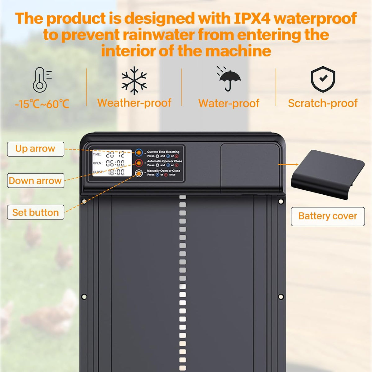 Smart Auto Chicken Coop Door — Programmable Timer, Anti-Pinch Safety, IPX4 Waterproof