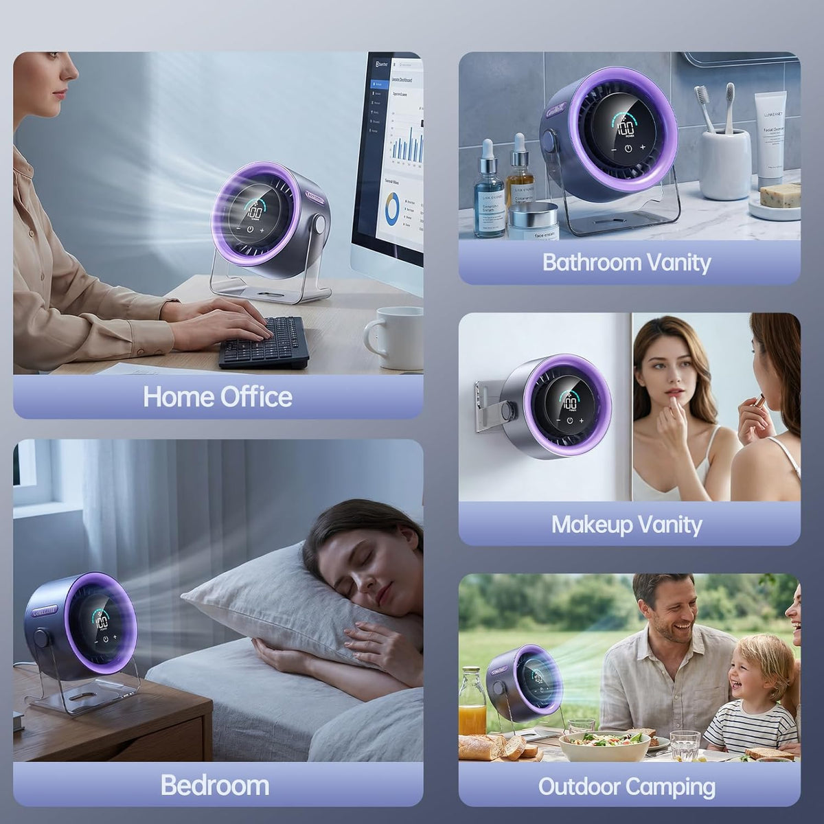 CoolBreeze™ Turbo Desk Fan – 100-Speed Quiet USB Rechargeable Fan with Digital Display, 120° Rotation & Wall-Mount Design for Bedroom, Office & Home (Purple)