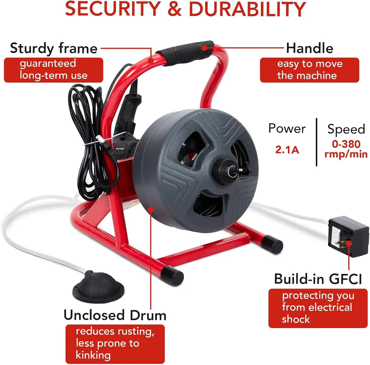 50Ft x 5/16 Inch Drain Cleaner Machine, Drain Auger Professional for 3/4 to 3 Inch Pipes, Foot Switch with 6 Cutters, Gloves, Drain Auger Cleaner Sewer Snake