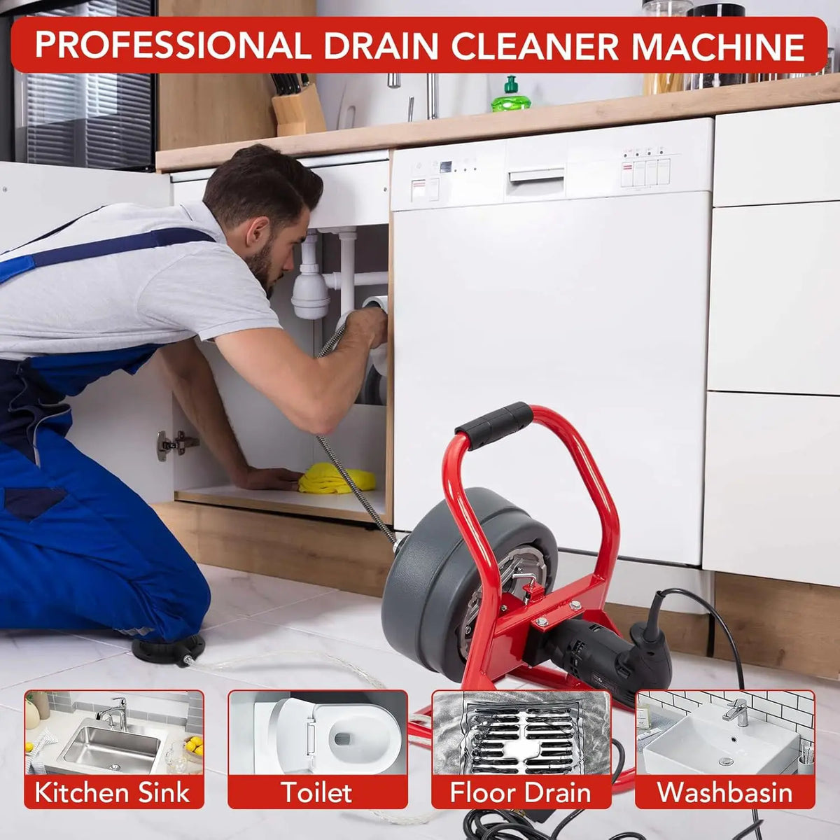 50Ft x 5/16 Inch Drain Cleaner Machine, Drain Auger Professional for 3/4 to 3 Inch Pipes, Foot Switch with 6 Cutters, Gloves, Drain Auger Cleaner Sewer Snake